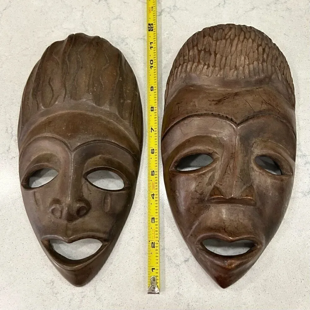 Vtg Handcarved African Man & Woman Wooden Mask Decorative Art 6